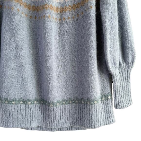 J.Crew Fair Isle Yoke Puff-Sleeve Alpaca Wool Sweater Nordic Style Blue Cream, M - Picture 7 of 12